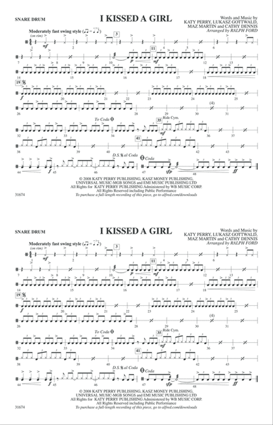 I Kissed a Girl: Snare Drum Marching Band scores gallery preview page 1