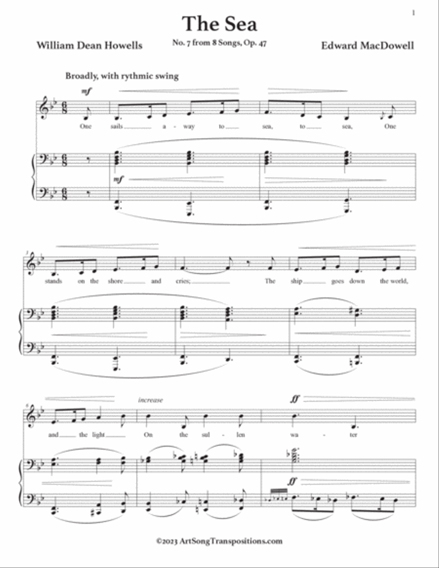 MACDOWELL: The Sea (transposed to B-flat major) Voice scores gallery preview page 2