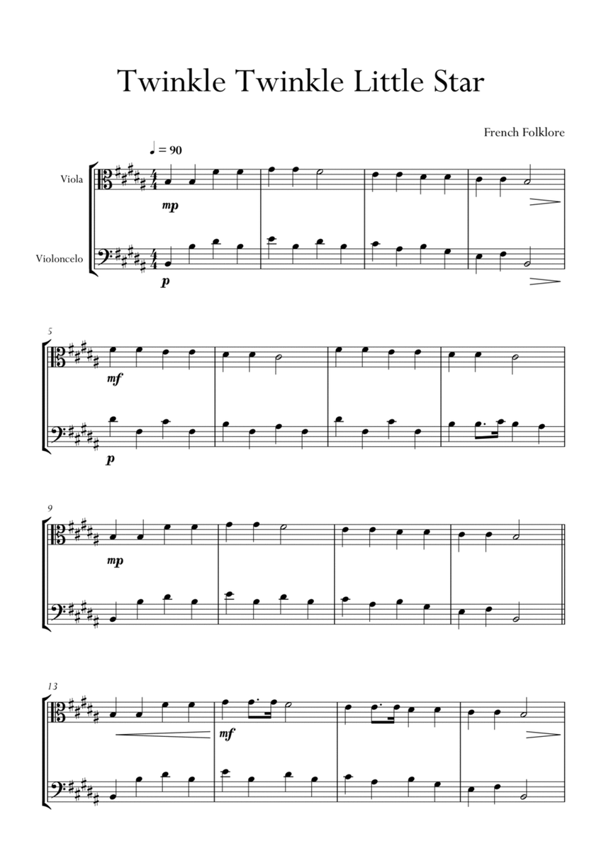 Twinkle Twinkle Little Star in B Major for Viola and Cello Duo. Easy version. image number null