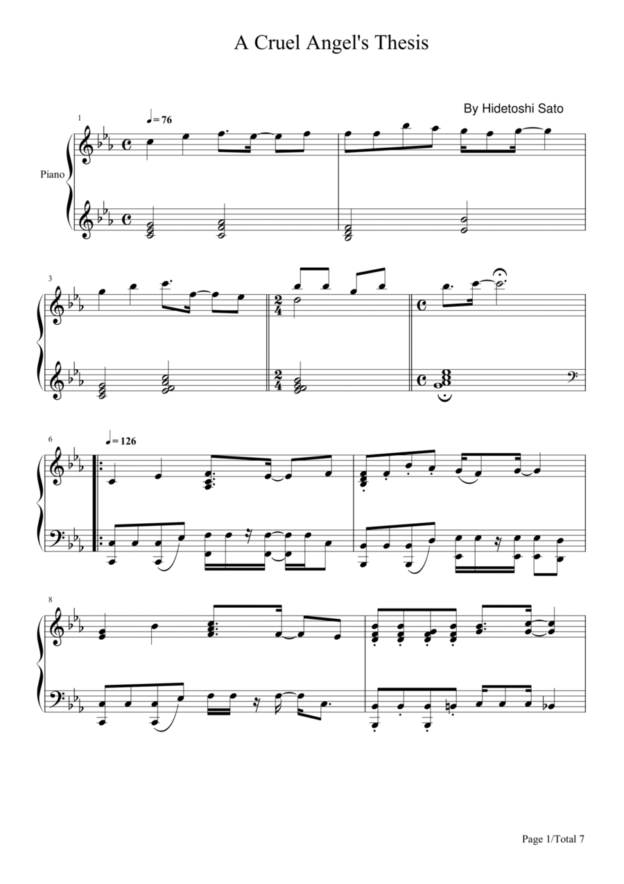 A Cruel Angel's Thesis,Yoko Takahashi,Piano Solo Sheet Piano Solo scores gallery preview page 1