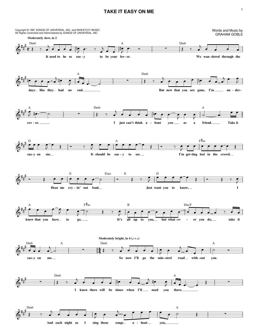 Take it easy on me by the little river band piano digital sheet