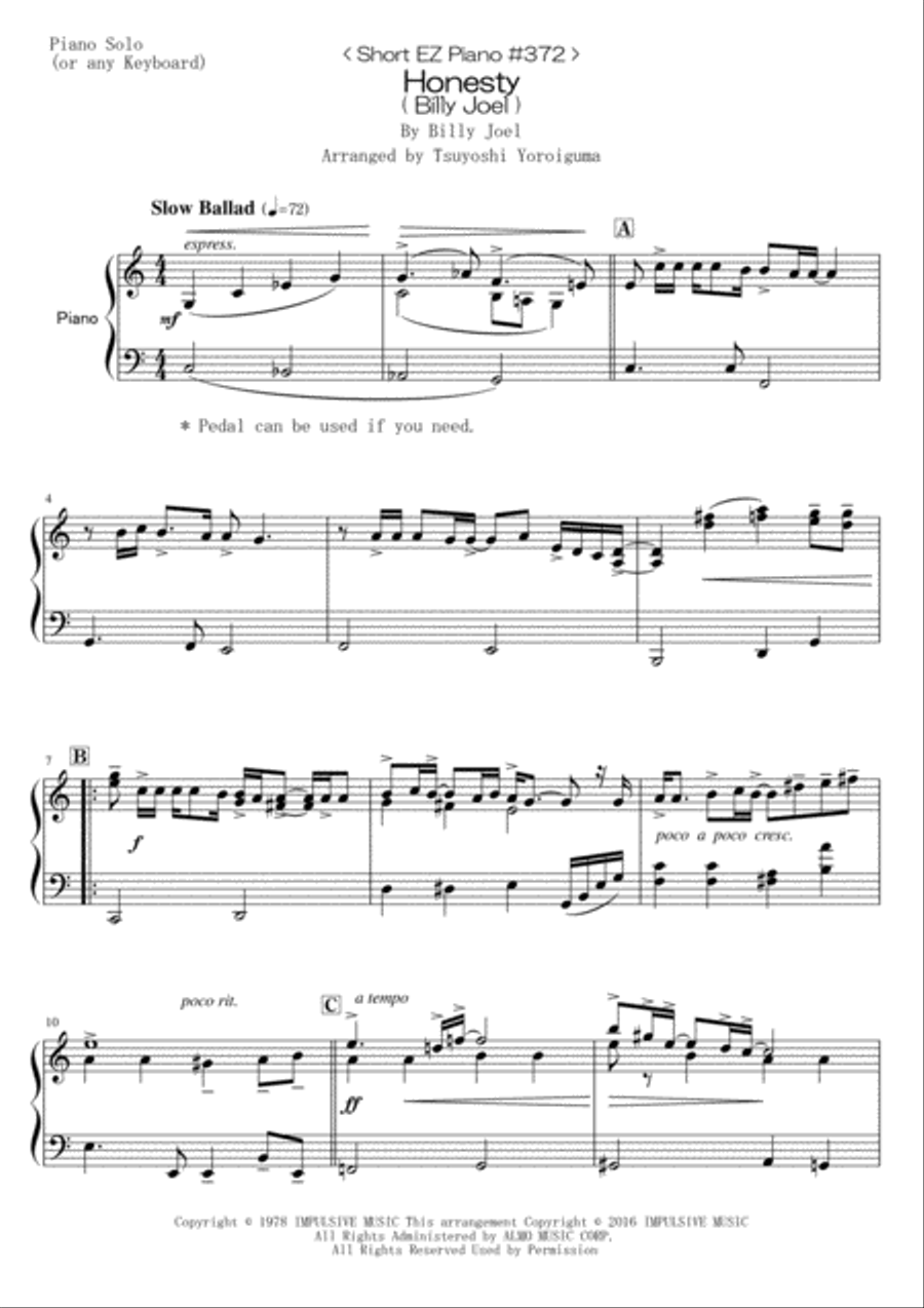 Honesty Easy Piano scores gallery preview page 1