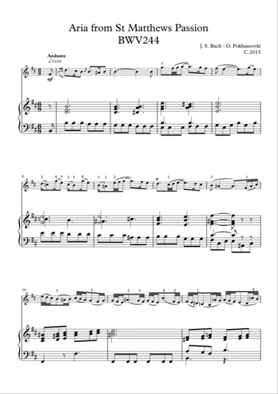Bach-Pokhanovski Aria from St. Matthew's Passions arranged for violin and piano Violin Solo scores gallery preview page 1