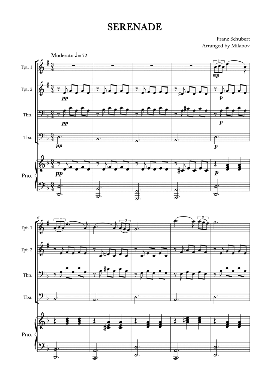 Serenade | Schubert | Brass Quartet | Piano Brass Quartet scores gallery preview page 1