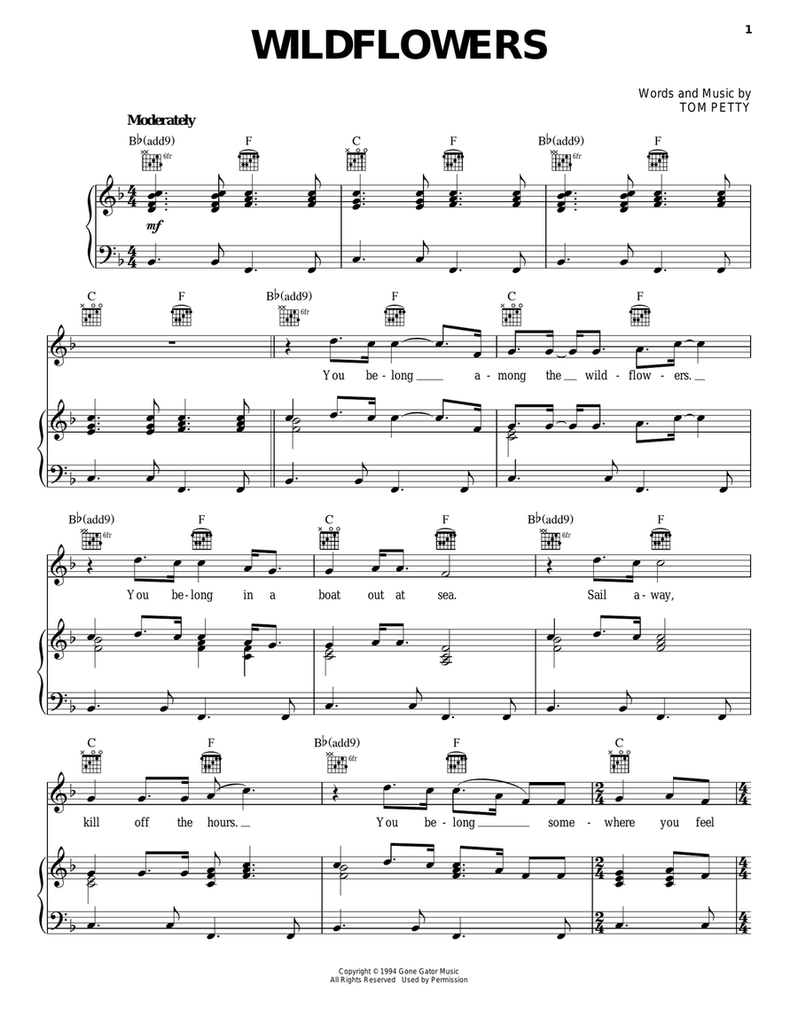 Wildflowers Piano, Vocal, Guitar scores gallery preview page 1