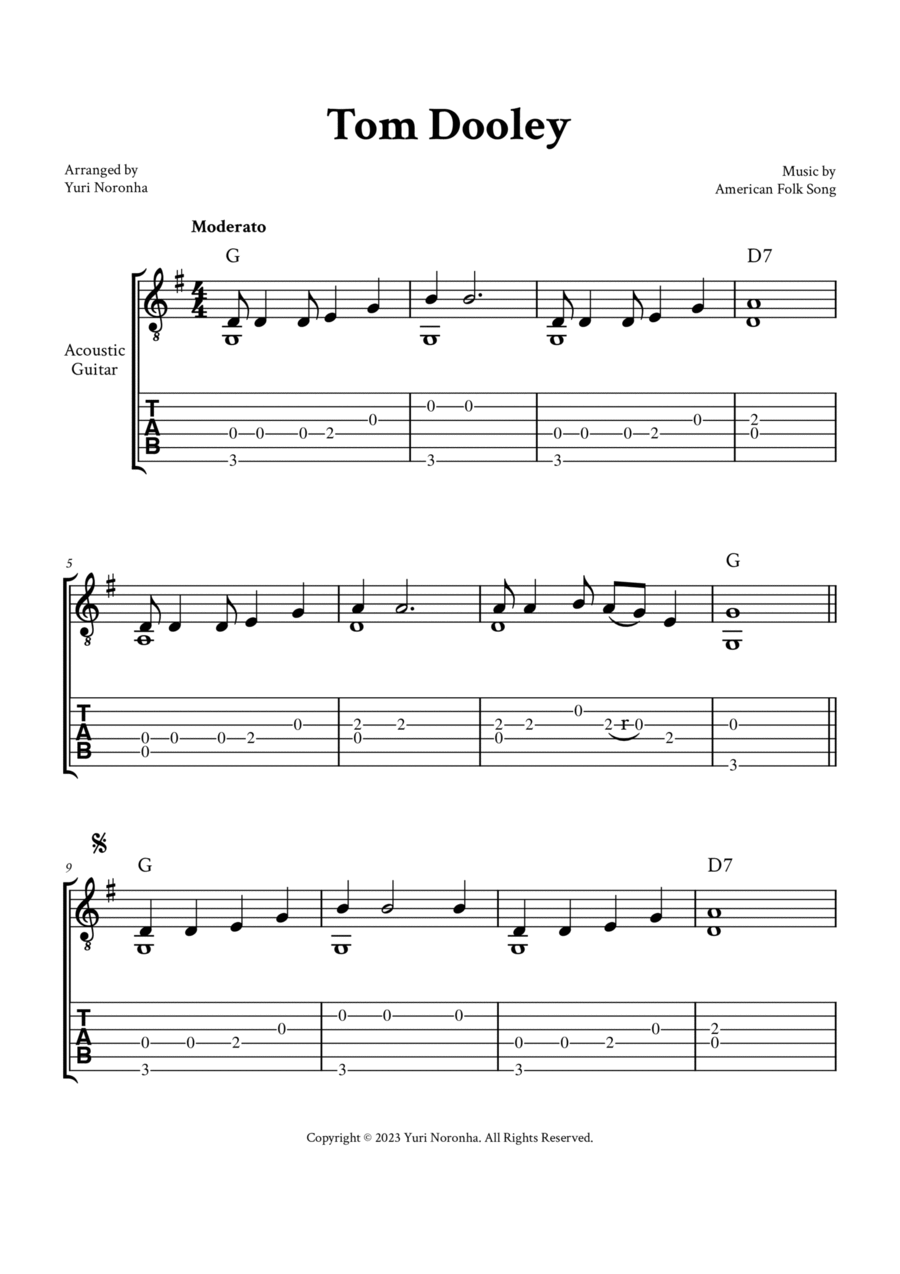 Tom Dooley - Fingerstyle Guitar (G Major, with TAB and Chords) Acoustic Guitar scores gallery preview page 1