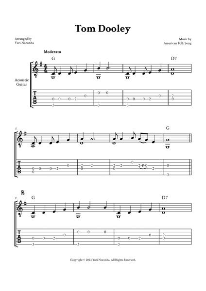 Tom Dooley - Fingerstyle Guitar (G Major, with TAB and Chords) image number null