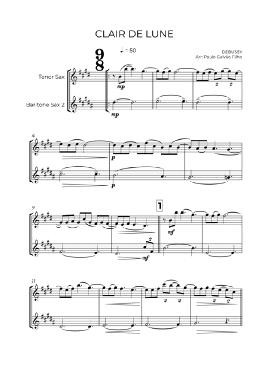 CLAIR DE LUNE - SAX TENOR & BARITONE Woodwind Duet scores gallery preview page 2