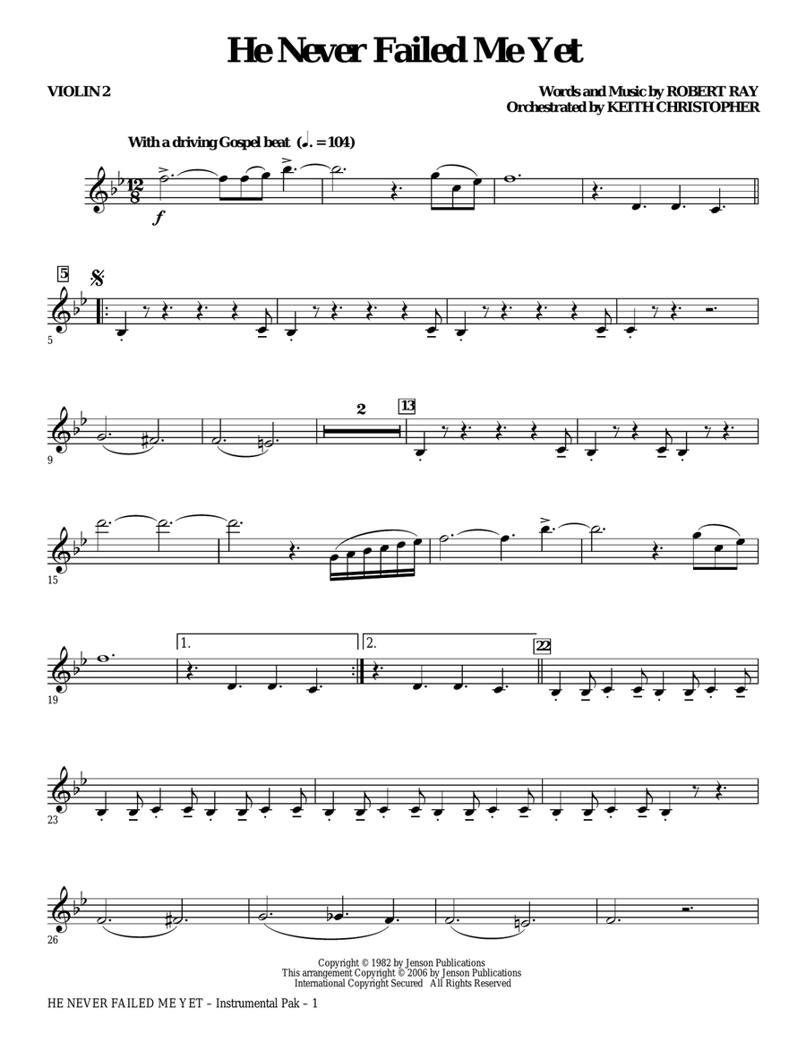He Never Failed Me Yet (orch. Keith Christopher) - Violin 2 Choir scores gallery preview page 1