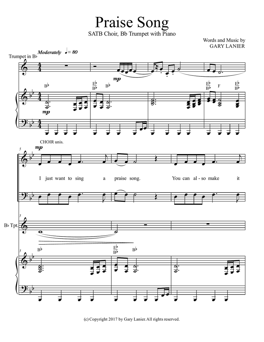 PRAISE SONG (SATB Choir, Bb Trumpet with Piano) 4-Part scores gallery preview page 2