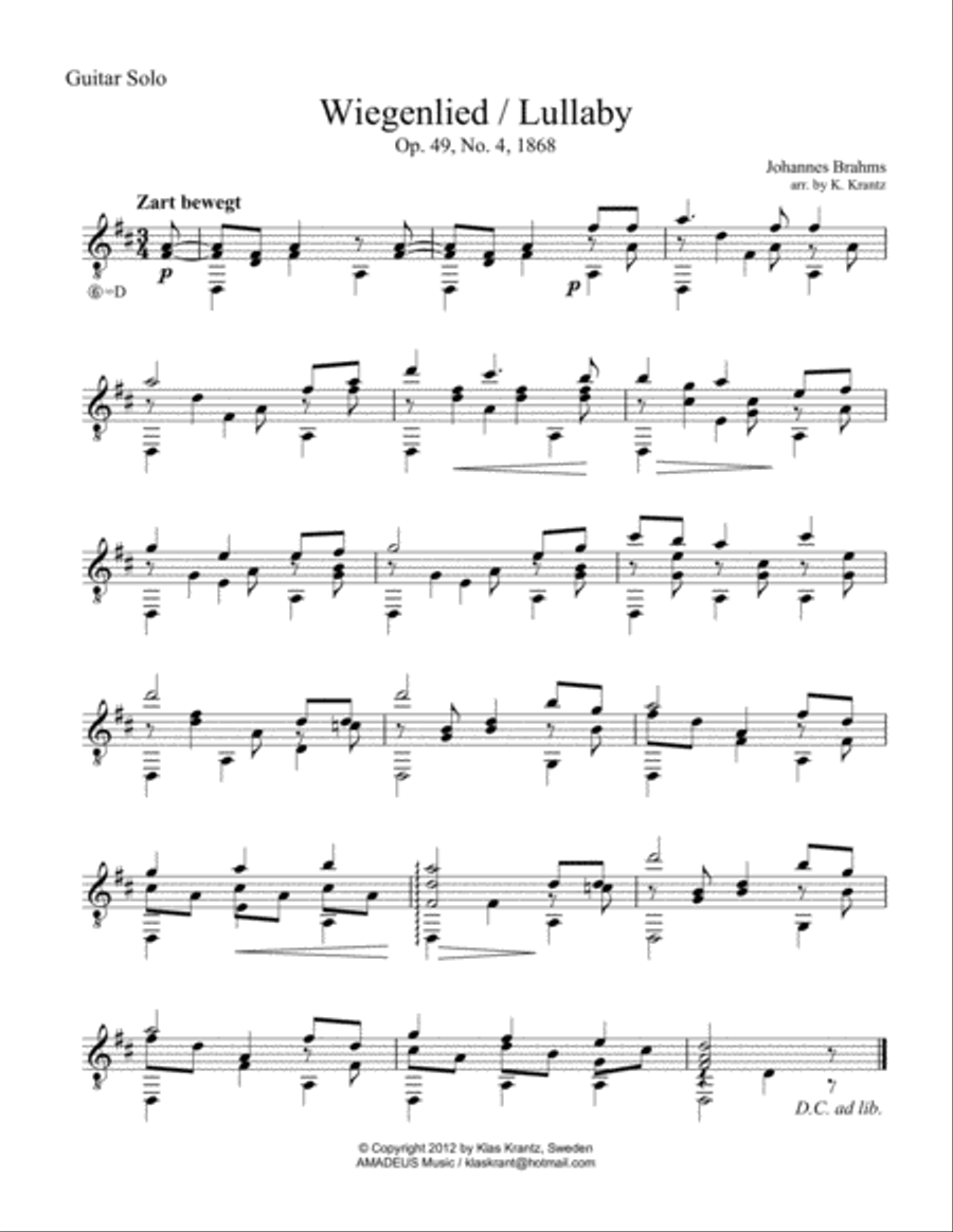 Wiegenlied / Lullaby Op. 49 No. 2 for for guitar solo Acoustic Guitar scores gallery preview page 1