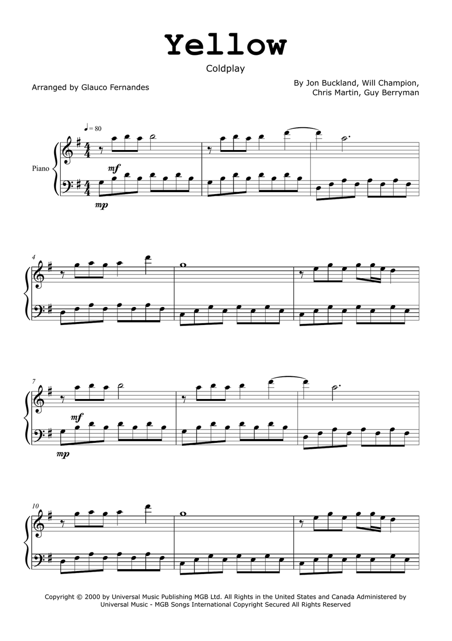Yellow Easy Piano scores gallery preview page 1