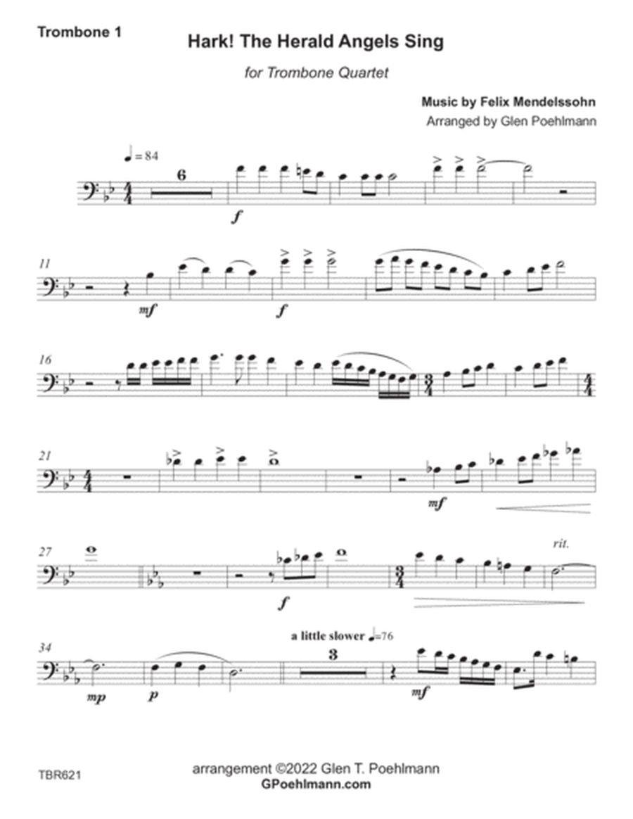 HARK! THE HERALD ANGELS SING - Trombone Quartet (unaccompanied) - Grade 4 image number null