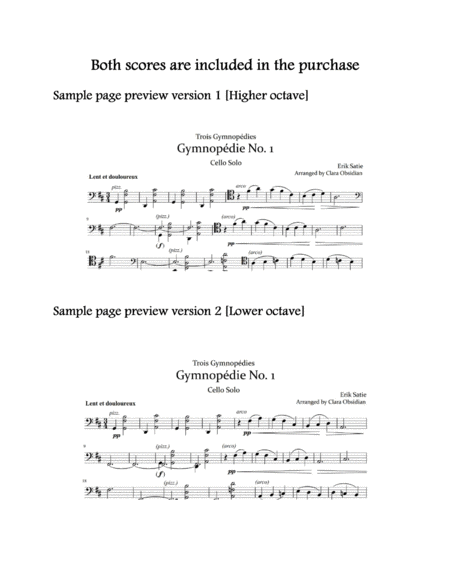 Erik Satie: Gymnopédie no. 1 For Solo Cello [2 Scores in 1] image number null
