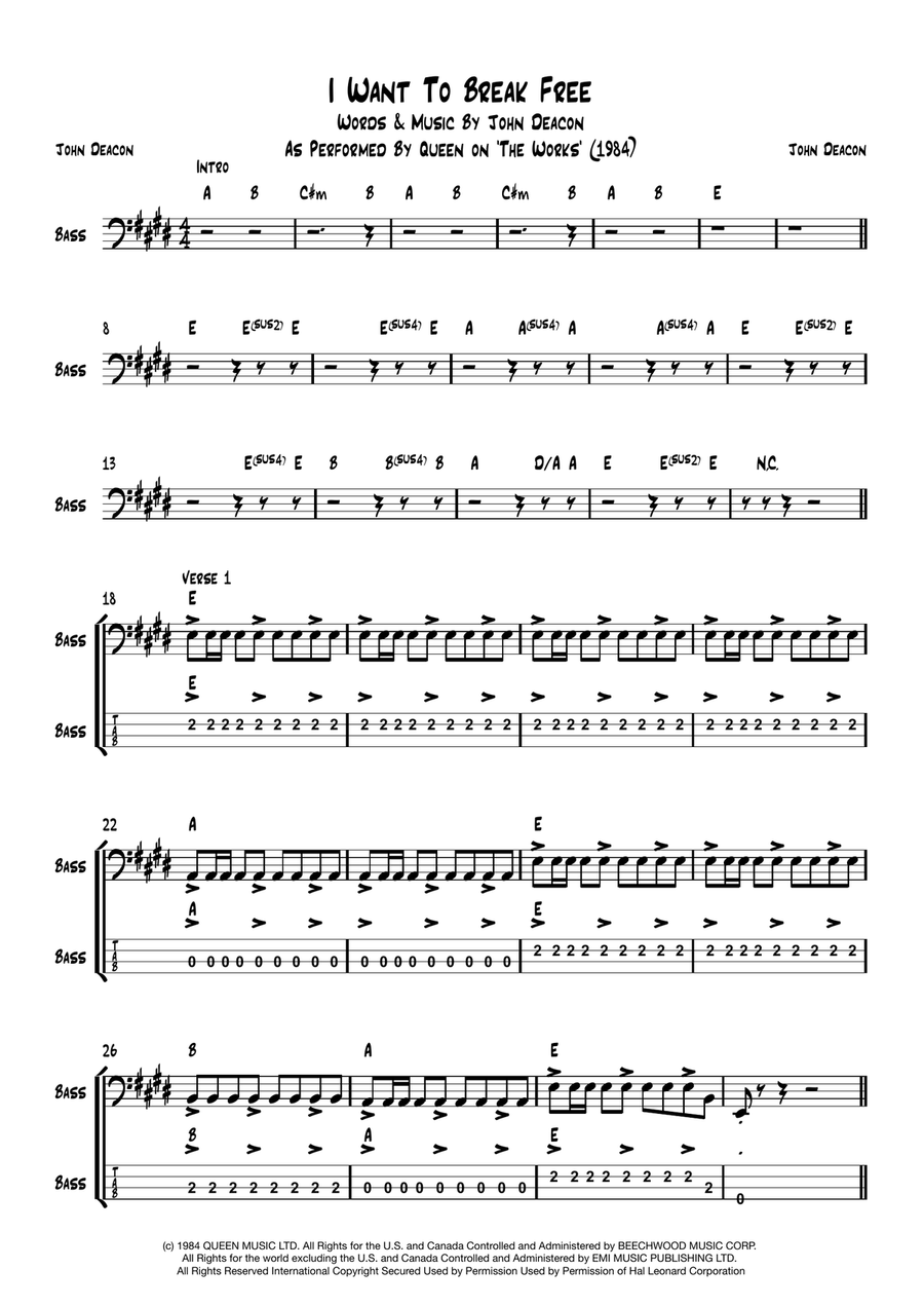 I Want To Break Free Bass Guitar Tablature scores gallery preview page 1