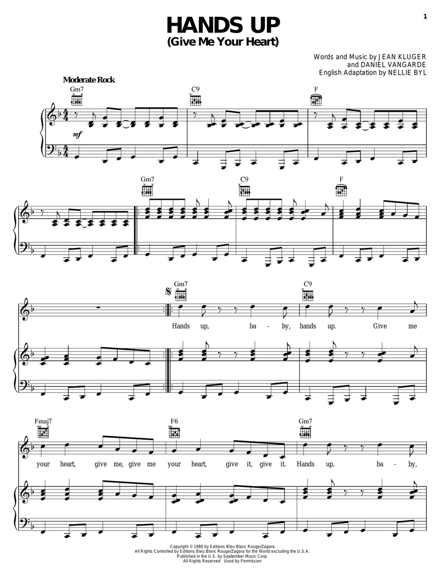 Hands Up (Give Me Your Heart) Piano, Vocal, Guitar scores gallery preview page 1