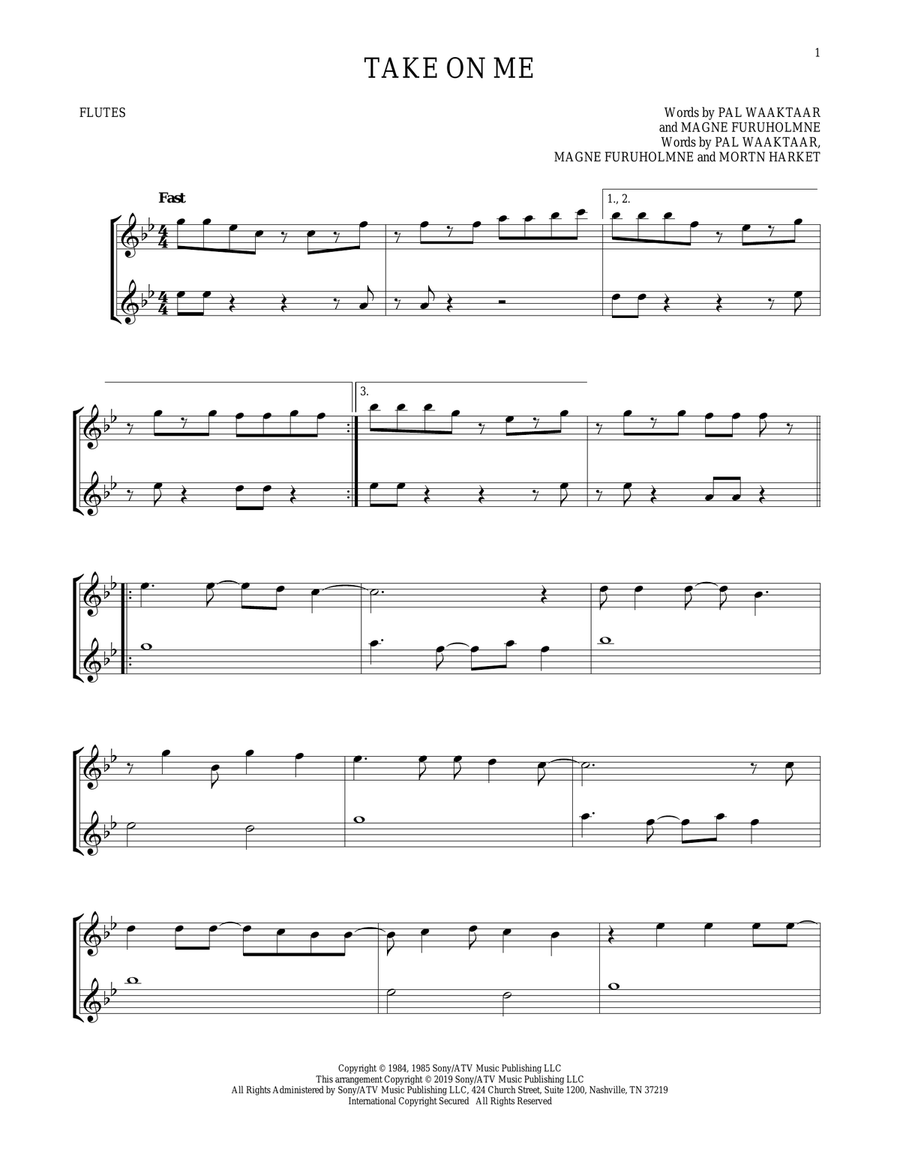 Take On Me Take On Me Flute Duet scores gallery preview page 1