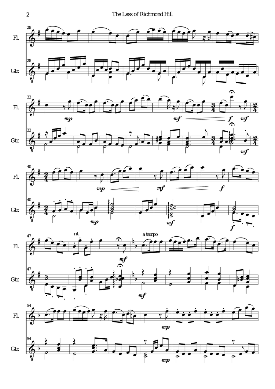 Lass of Richmond Hill for (medium difficulty) flute and guitar Flute scores gallery preview page 2