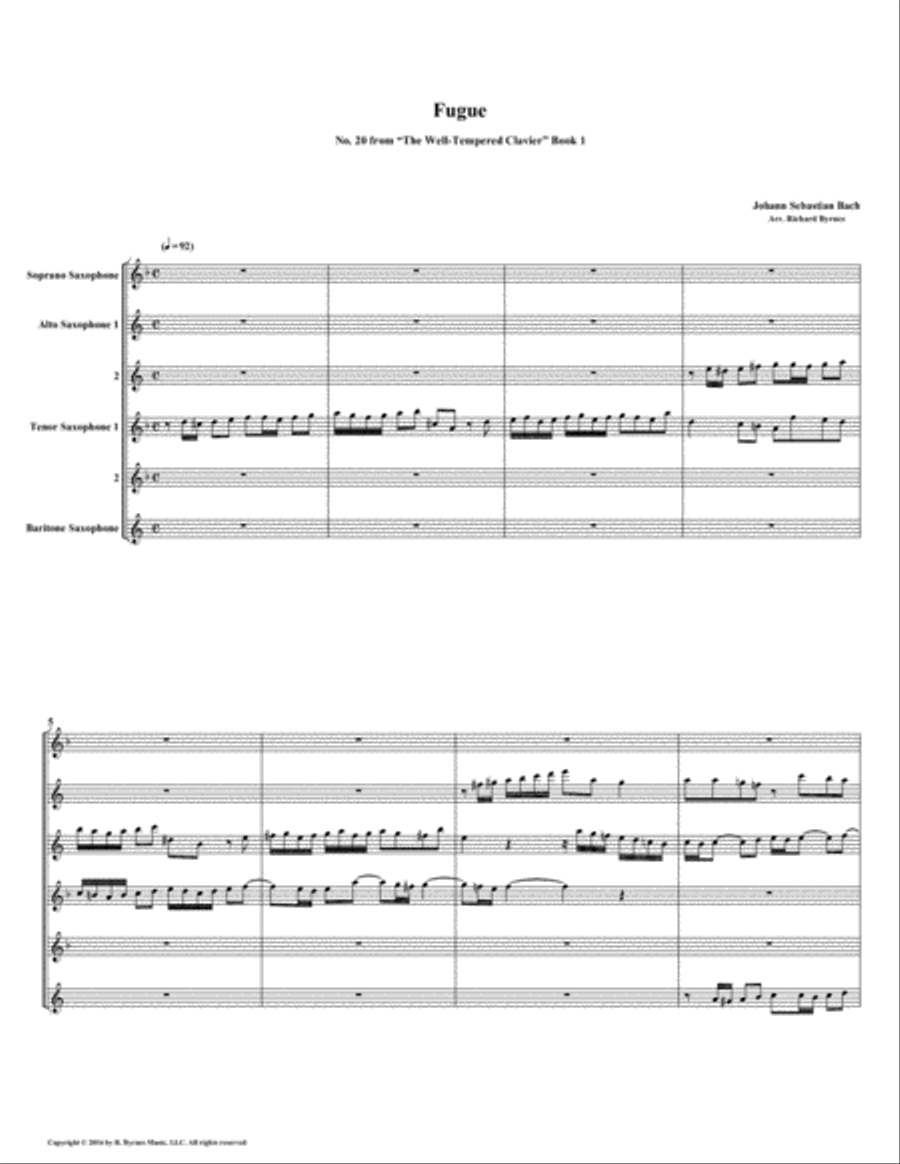 Fugue 20 from Well-Tempered Clavier, Book 1 (Saxophone Sextet) Woodwind Ensemble scores gallery preview page 1