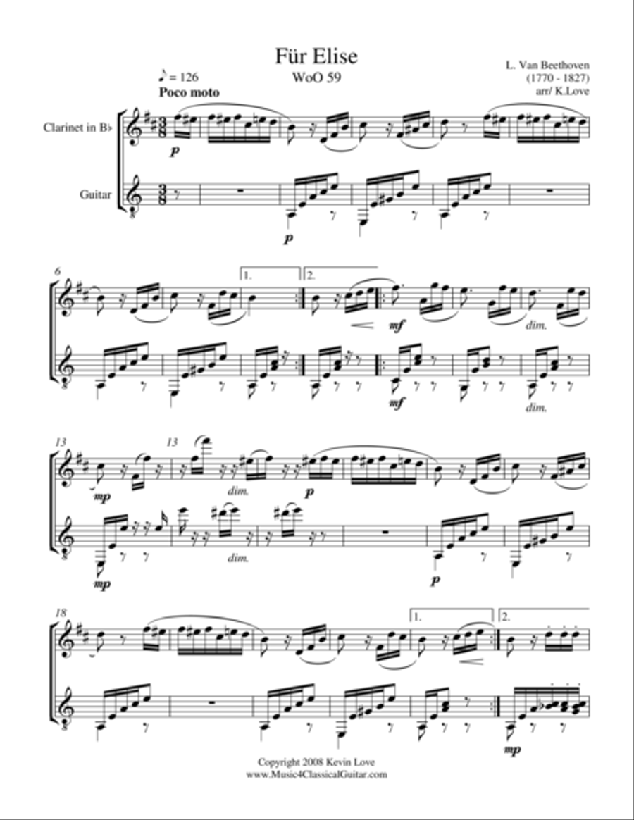 Fur Elise (Clarinet and Guitar) - Score and Parts