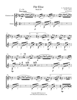 Fur Elise (Clarinet and Guitar) - Score and Parts