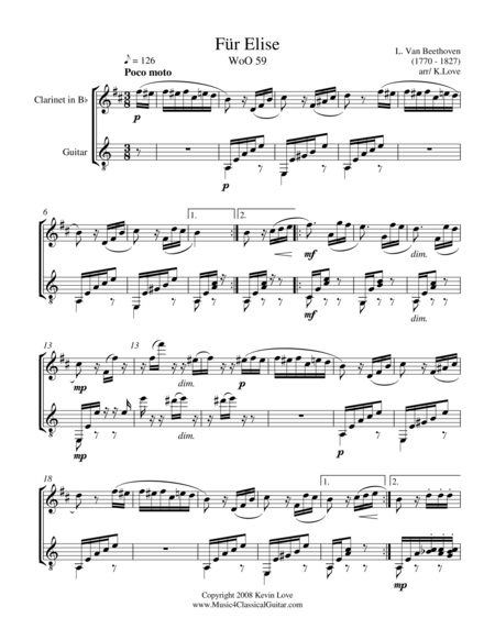 Fur Elise (Clarinet and Guitar) - Score and Parts image number null