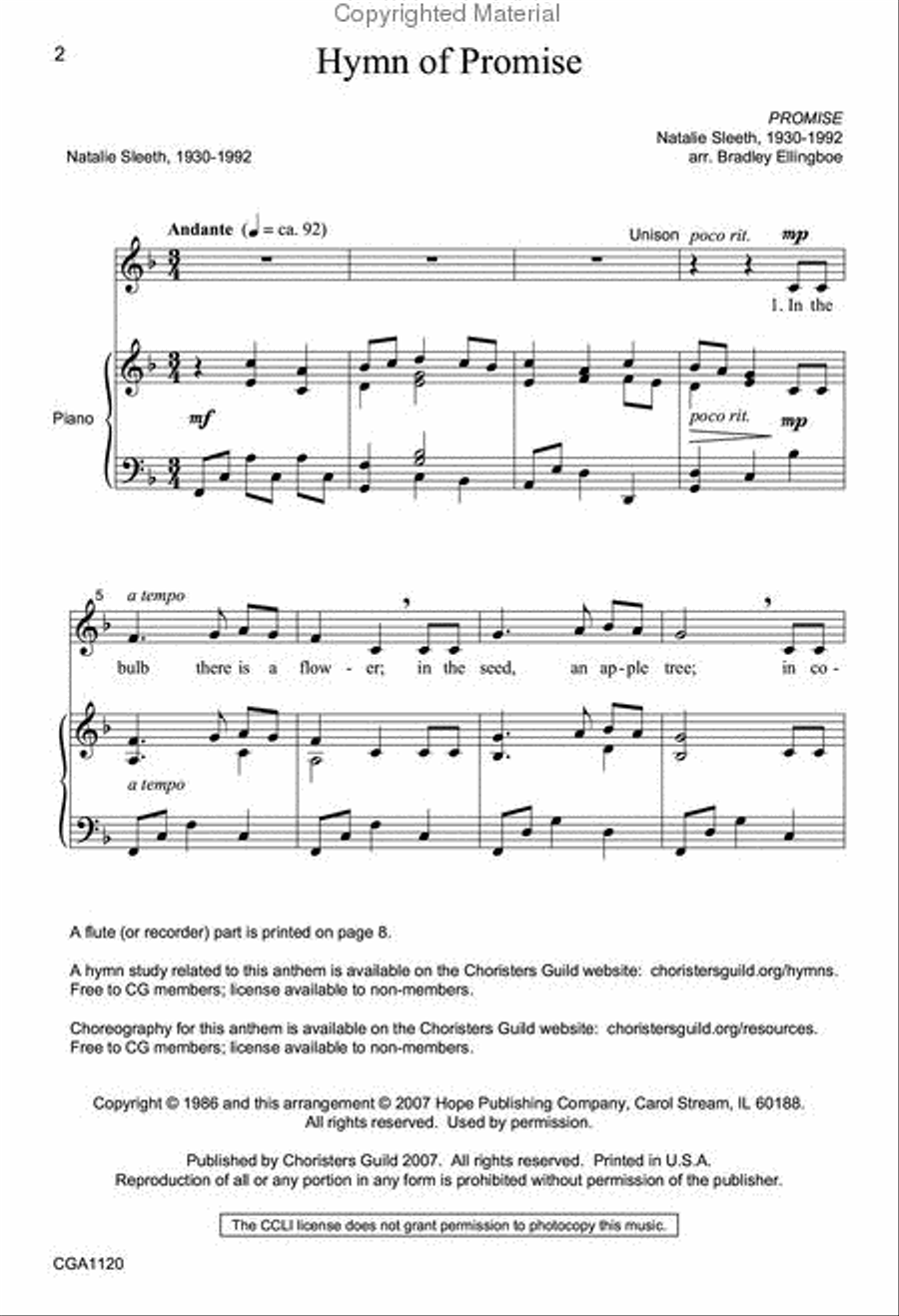 Hymn of Promise Unison Choir scores gallery preview page 2