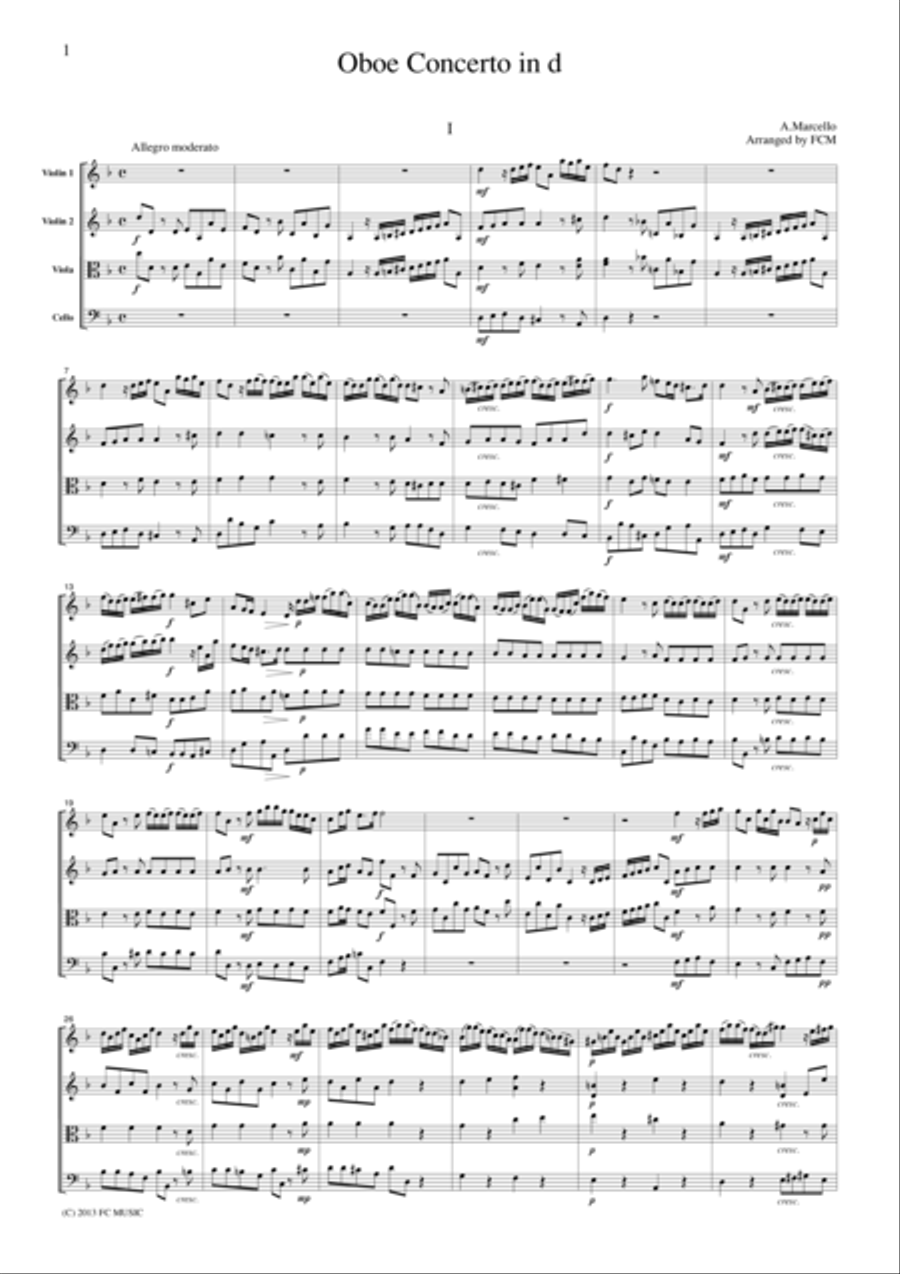 Marcello Oboe Concerto in d, for string quartet, CM601 String Quartet scores gallery preview page 1
