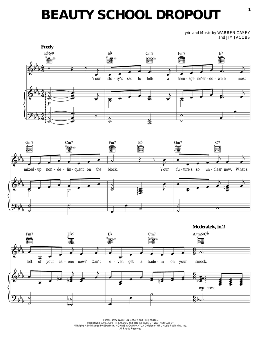 Beauty School Dropout Piano, Vocal, Guitar scores gallery preview page 1