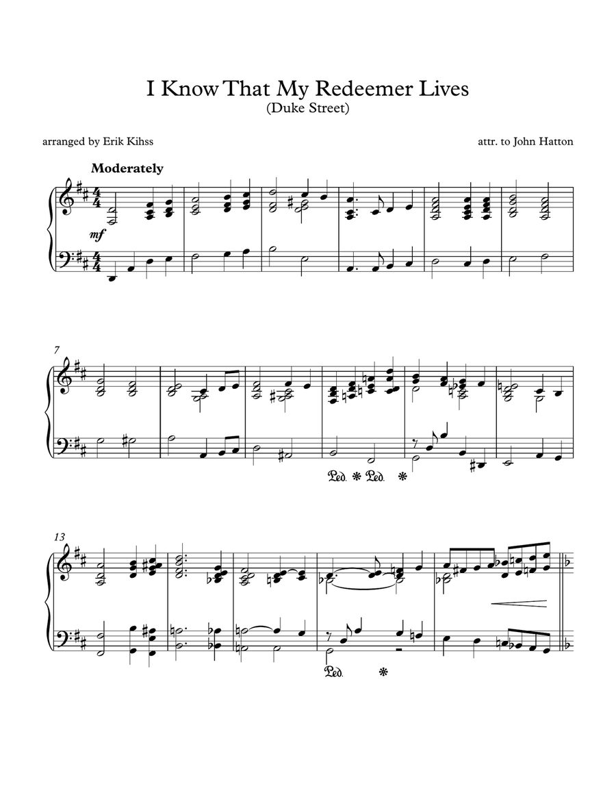 I Know That My Redeemer Lives - (Duke Street) - piano arrangement by Erik Kihss Piano Solo scores gallery preview page 1