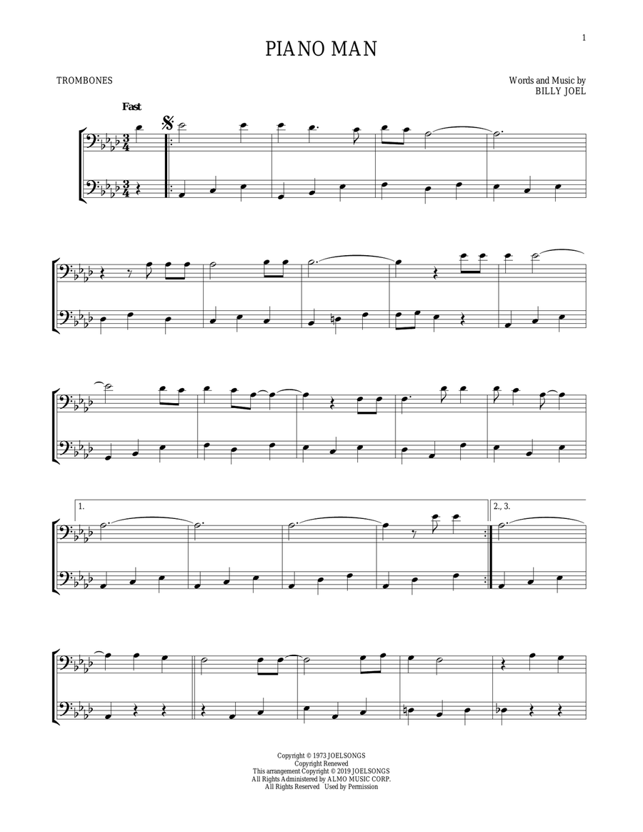 Piano Man Trombone Duet scores gallery preview page 1