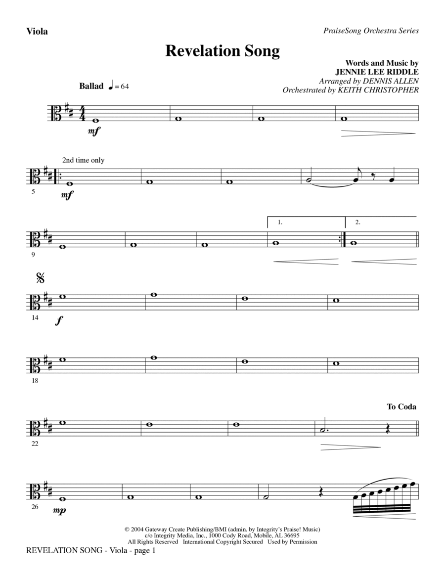 Revelation Song - Viola Revelation Song - Viola Choir scores gallery preview page 1
