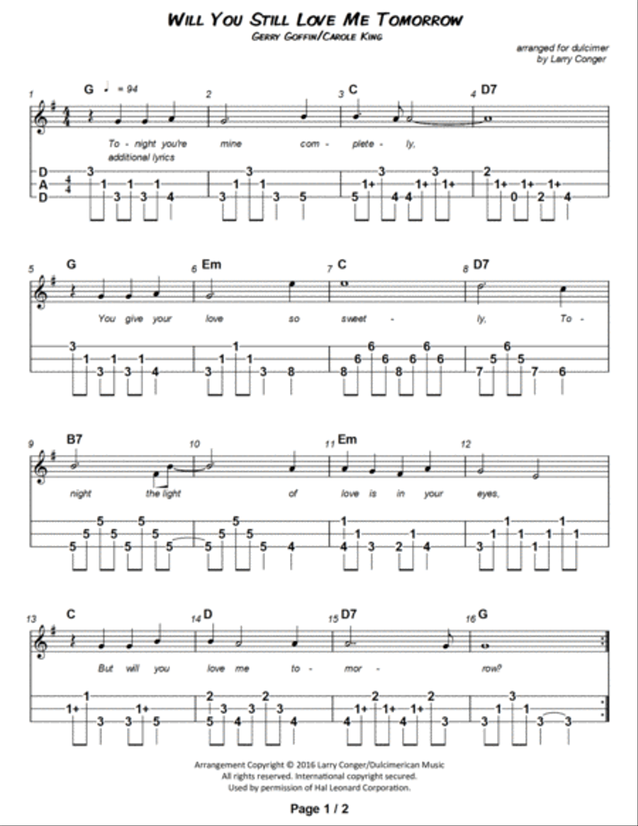 Will You Love Me Tomorrow (Will You Still Love Me Tomorrow) Dulcimer scores gallery preview page 2