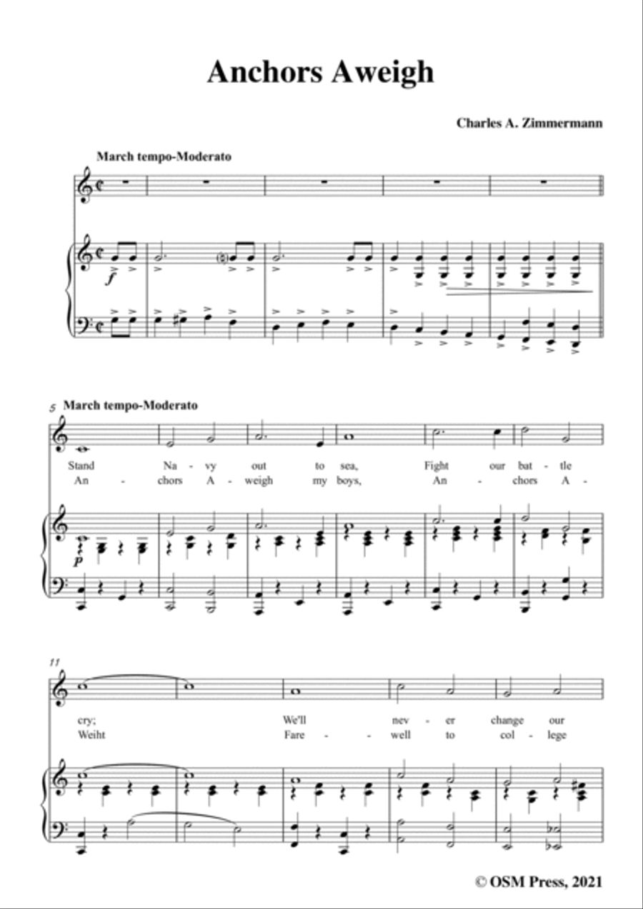 Charles A. Zimmermann-Anchors Aweigh,in C Major,for Voice and Piano Voice Solo scores gallery preview page 3