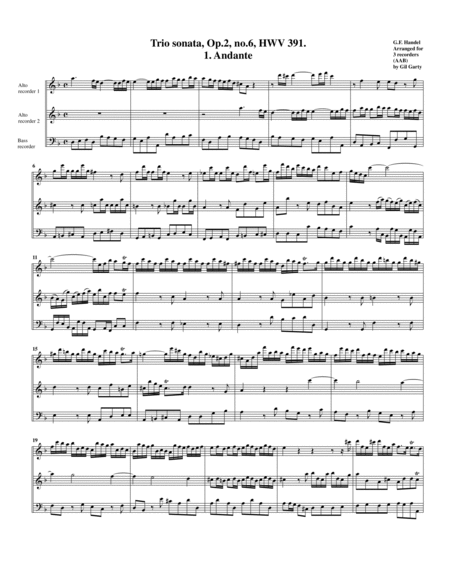 Trio sonata Op.2, no.6, HWV 391 (Arrangement for 3 recorders (AAB))