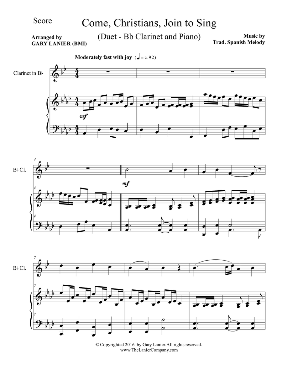 Gary Lanier: COME, CHRISTIANS, JOIN TO SING (Duet – Bb Clarinet & Piano with Parts) Woodwind Duet scores gallery preview page 2