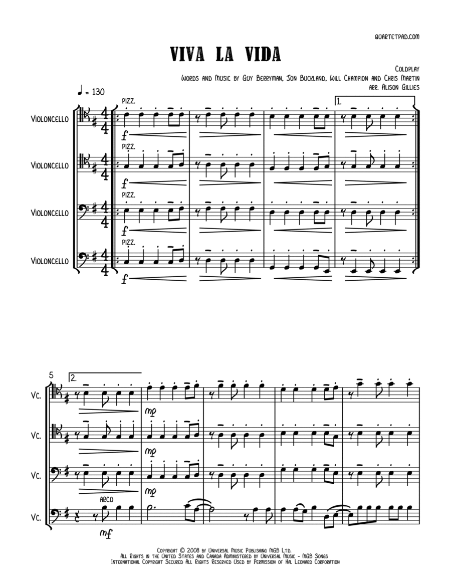 Viva La Vida String Quartet scores gallery preview page 1