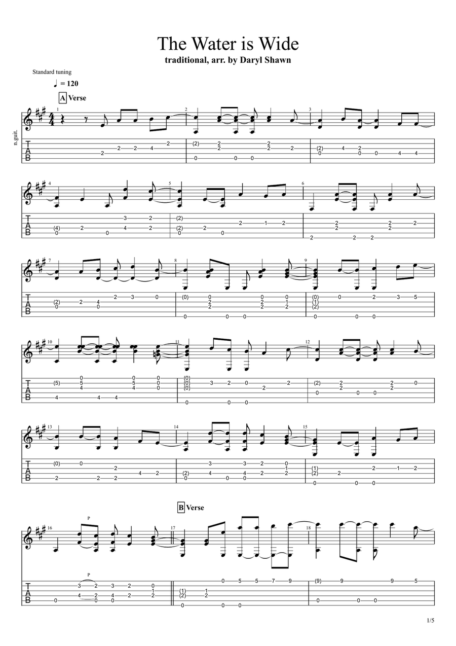 The Water is Wide (traditional), for solo fingerstyle guitar Acoustic Guitar scores gallery preview page 1