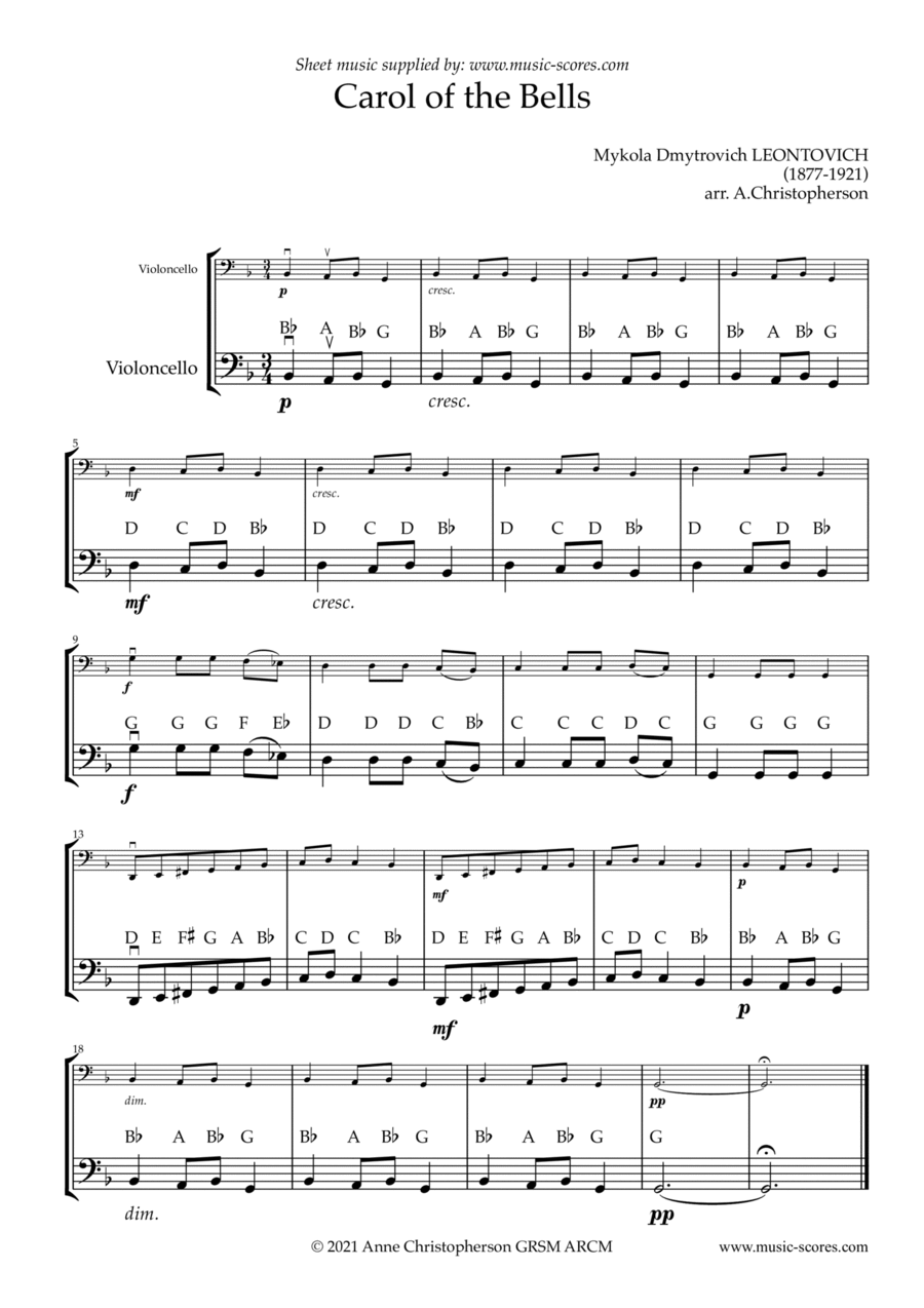 Carol of the Bells - Easy Cello with note names Cello Solo scores gallery preview page 1