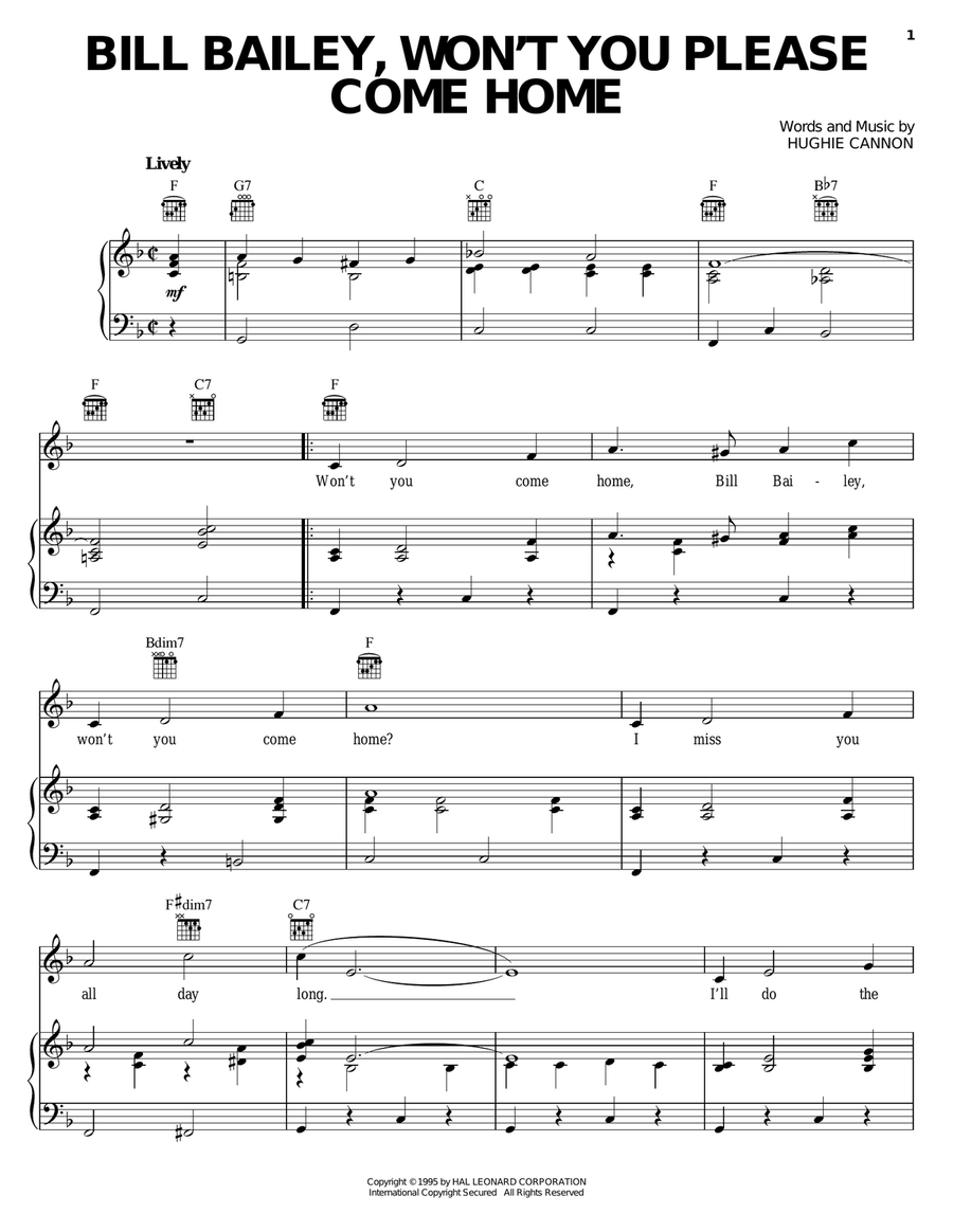 Bill Bailey, Won't You Please Come Home Piano, Vocal, Guitar scores gallery preview page 1