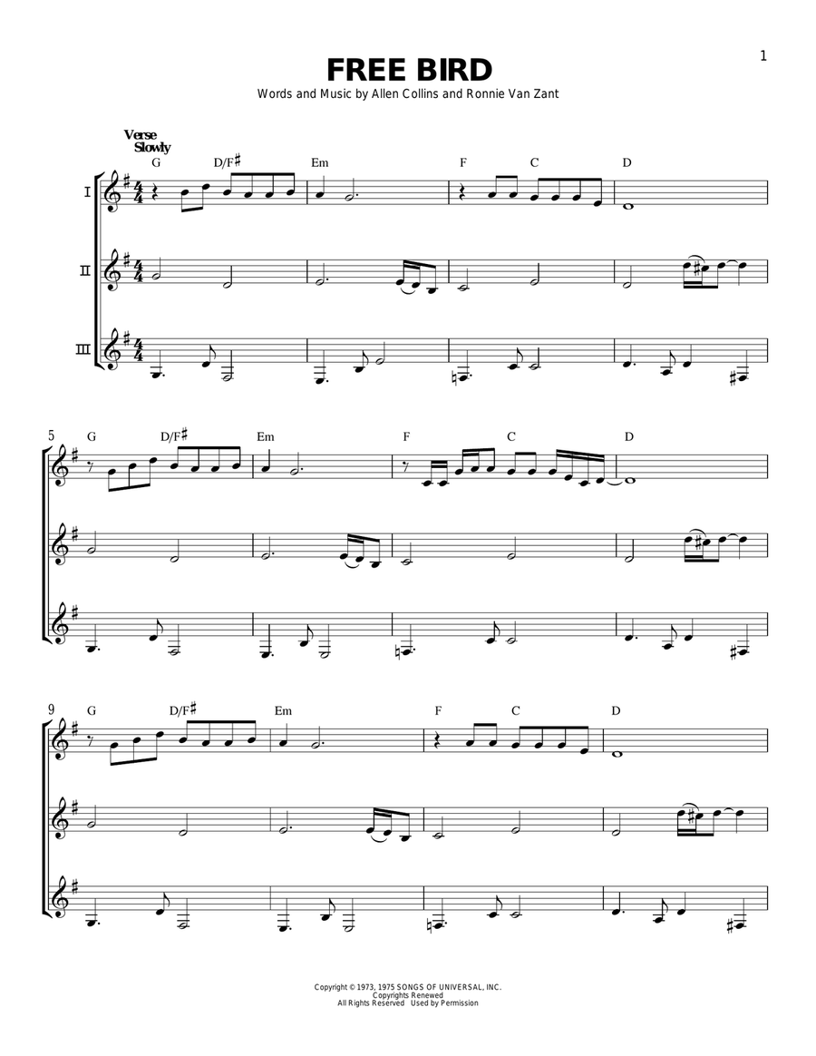 Free Bird Guitar Ensemble scores gallery preview page 1