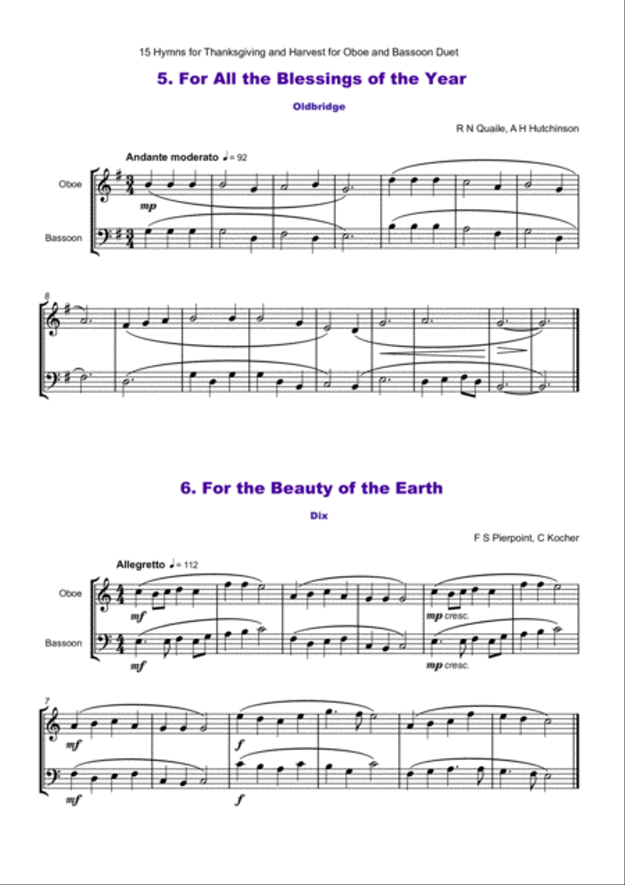 15 Favourite Hymns for Thanksgiving and Harvest for Oboe and Bassoon Duet Woodwind Duet scores gallery preview page 6