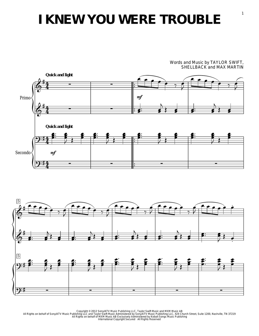 I Knew You Were Trouble I Knew You Were Trouble Piano Duet scores gallery preview page 1