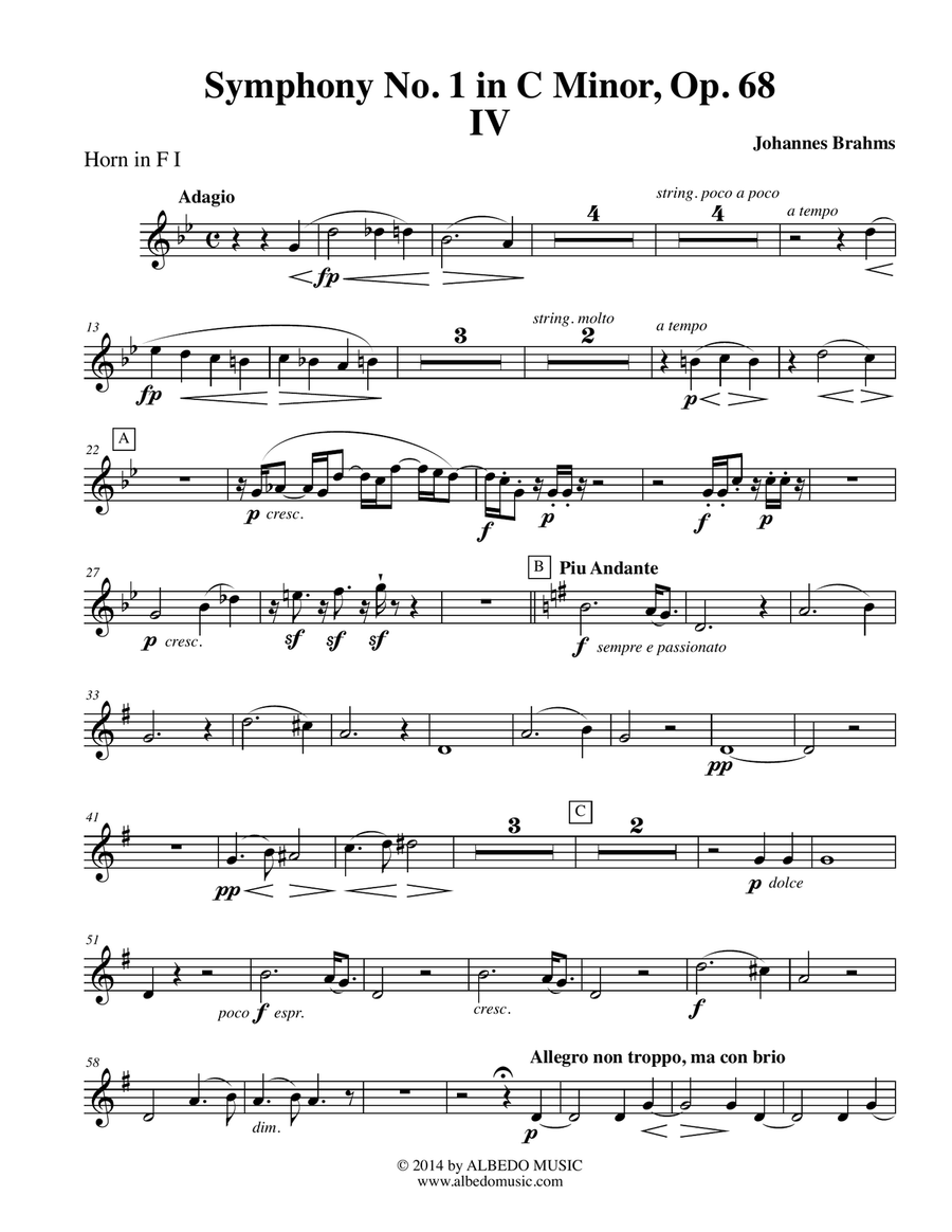 Brahms Symphony No. 1, Movement IV - Horn in F 1 (Transposed Part), Op. 68 Horn Solo scores gallery preview page 1