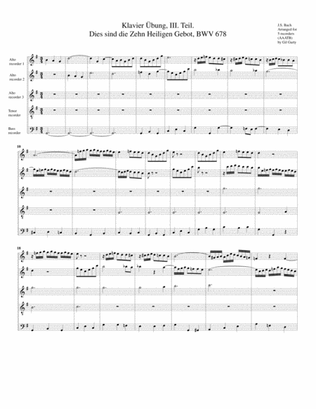 Dies sind die Zehn Heiligen Gebot, BWV 678 from Klavier Uebung III (arrangement for 5 recorders)