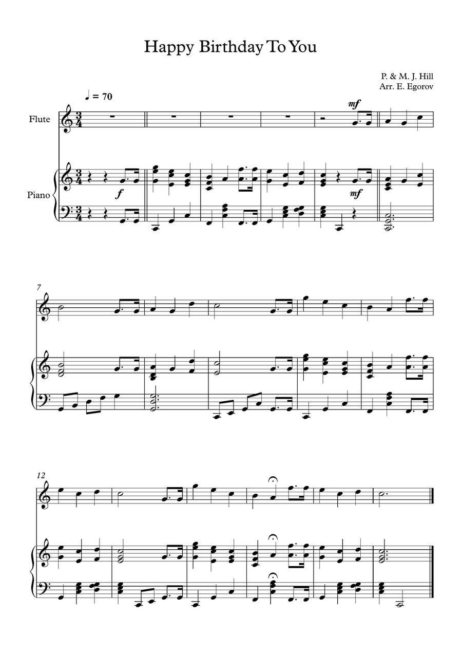 Happy Birthday To You, Patty & Mildred J. Hill, For Flute & Piano Flute Solo scores gallery preview page 1