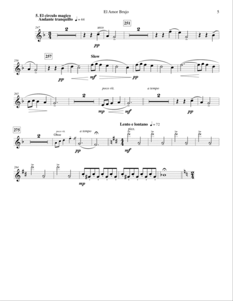 De Falla 1915 El Amor Brujo arr String Quartet, String Bass, Oboe, Clarinet & Piano Small Ensemble scores gallery preview page 5