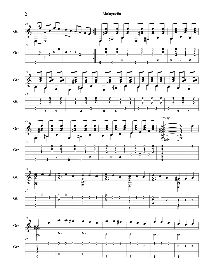 Malagueña Guitar Tablature scores gallery preview page 2