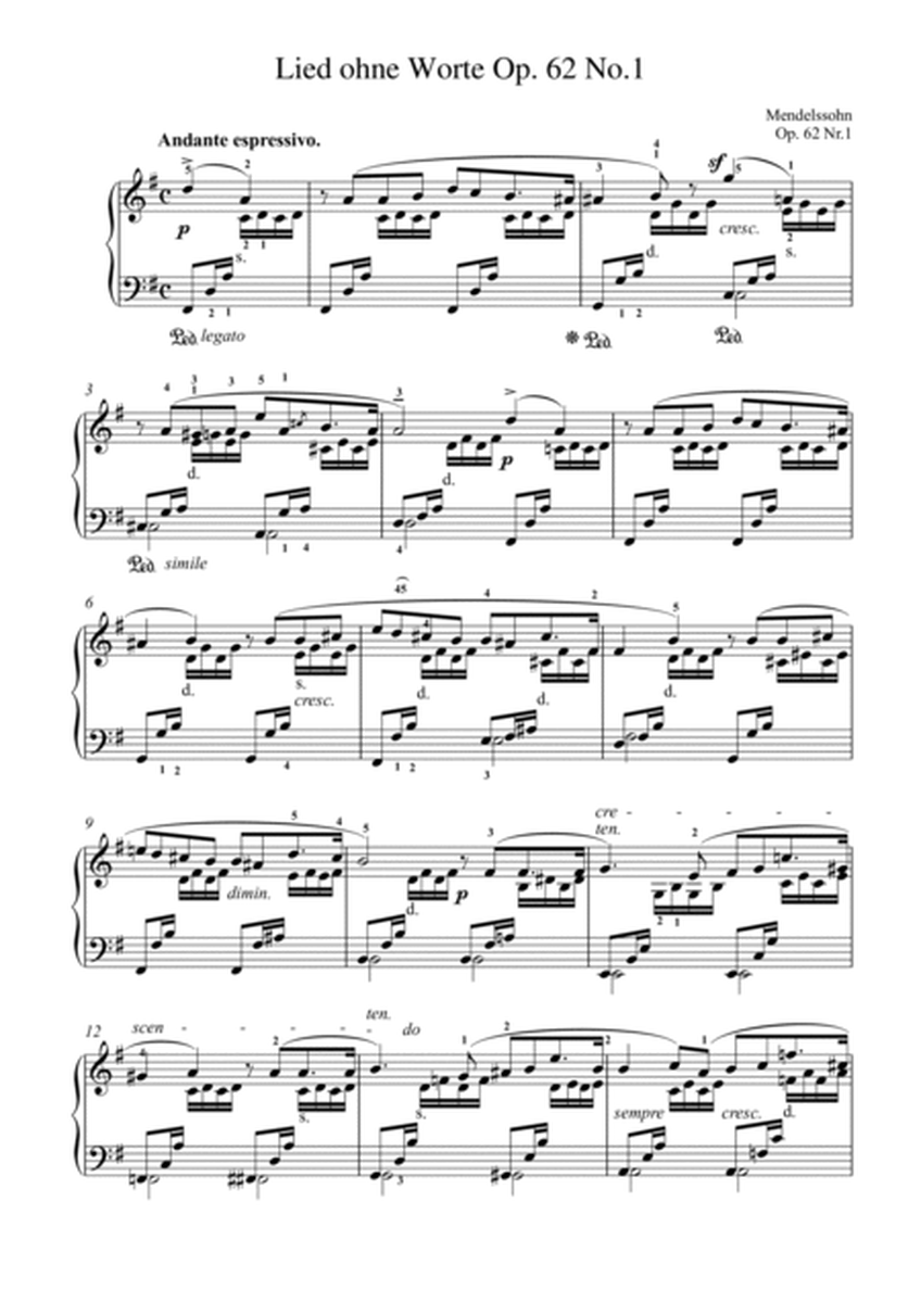 Mendelssohn-Lied ohne Worte Op. 62 No.1(Piano) image number null