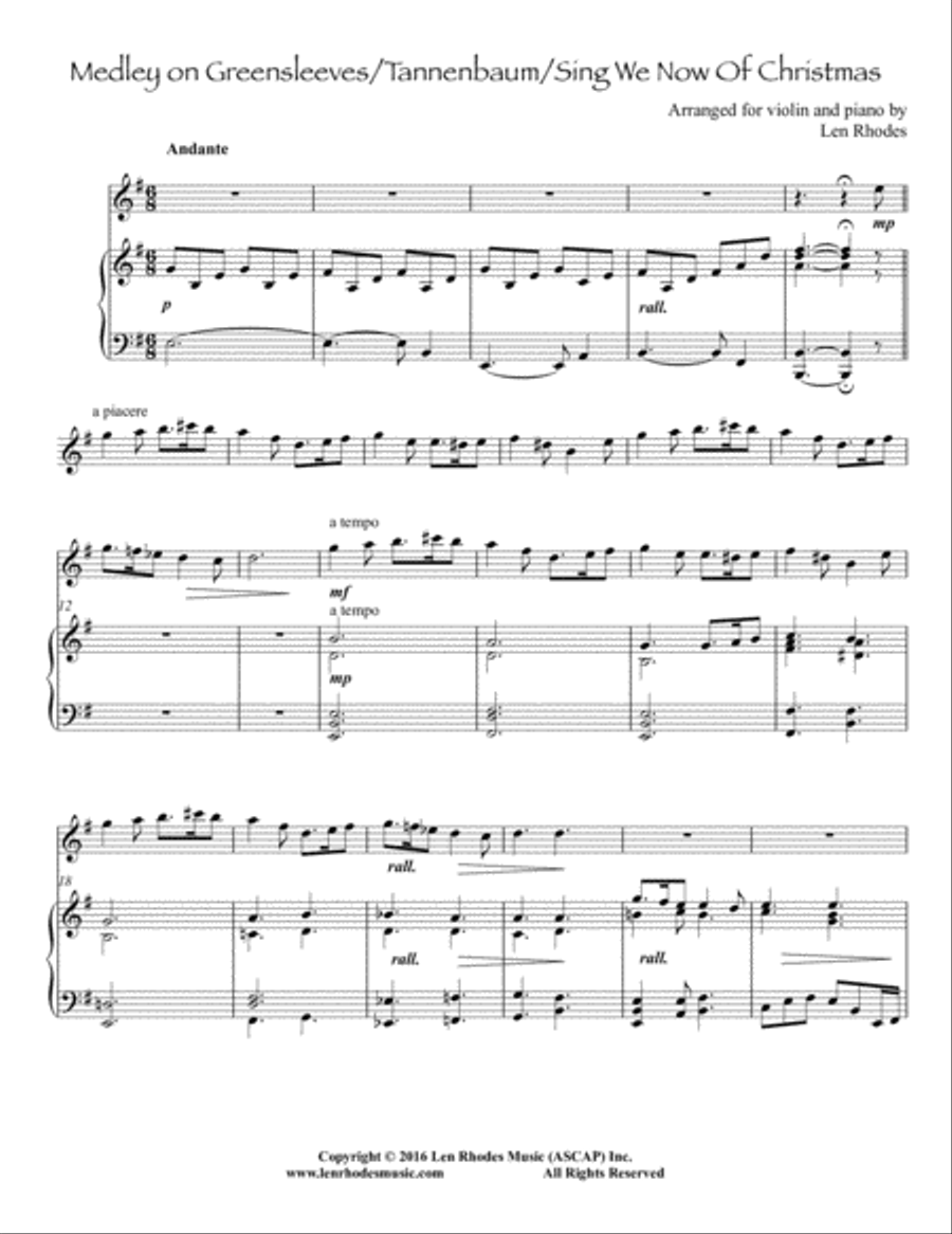 Tannenbaum - Greensleeves - Sing We Now of Christmas - a medley for Violin and Piano Violin Solo scores gallery preview page 1